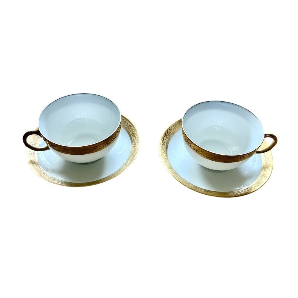 J.P. France Vintage Sango Tea Cups & Saucers Set of 2 White Gold Rim Tea Party